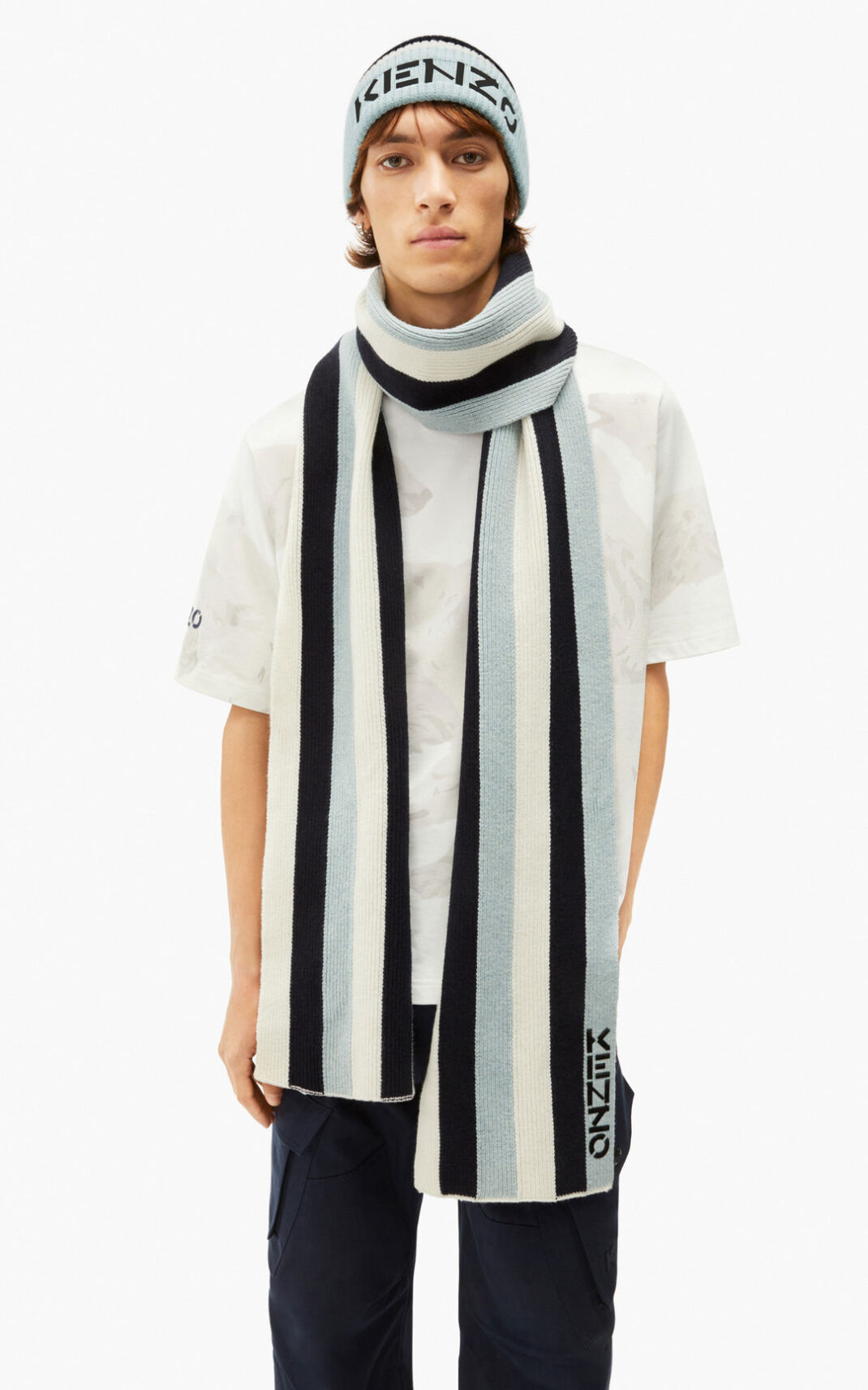 Kenzo The 冬 Capsule striped wool マフラー メンズ 青 黒 - RILWNX518